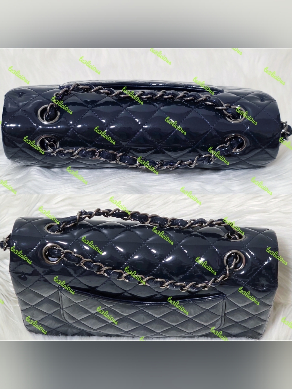 CHANEL 14b QUILTED PATENT LEATHER NAVY MEDIUM CLASSIC FLAP BAG *100% AUTHENTIC* - Picture 3 of 16